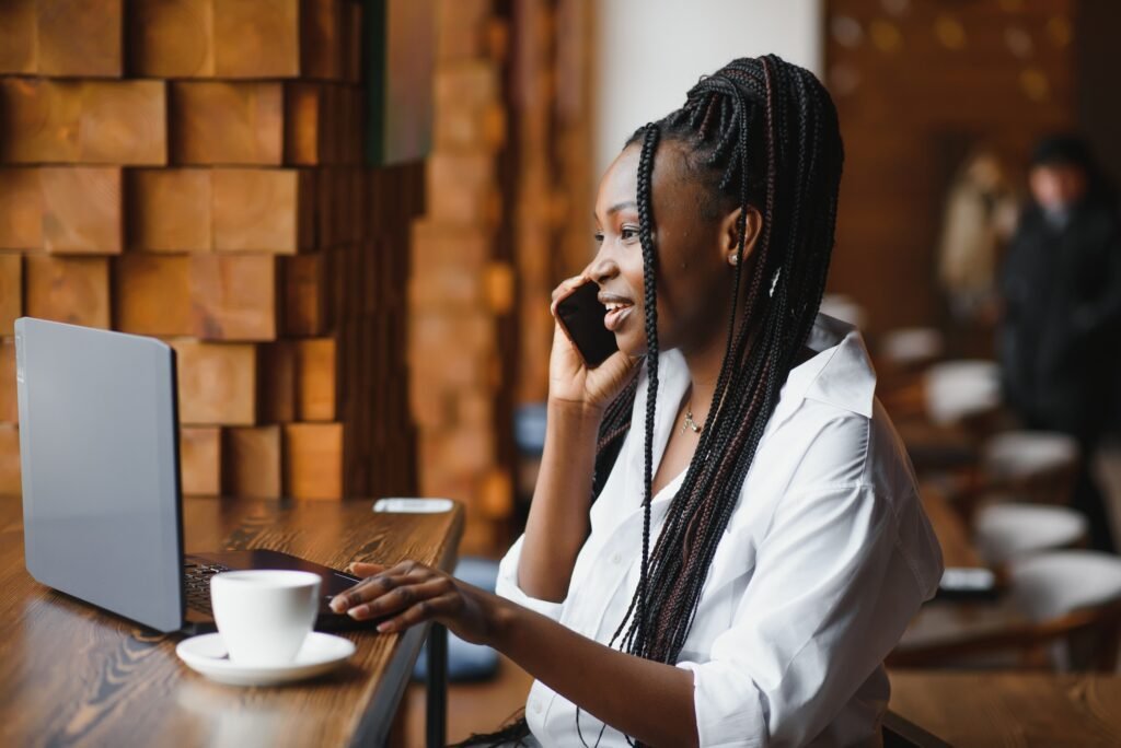 Professional African american copywriter talking about new project